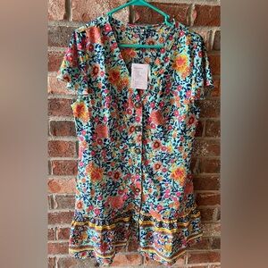 Floral V-Neck Button bohemian-style mini dress size X-Large